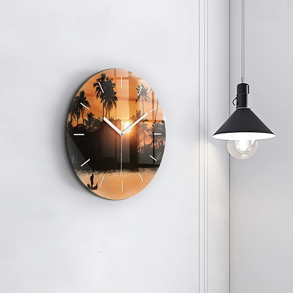 Wanduhr glas rund Sonnenuntergang Palmen Urlaub