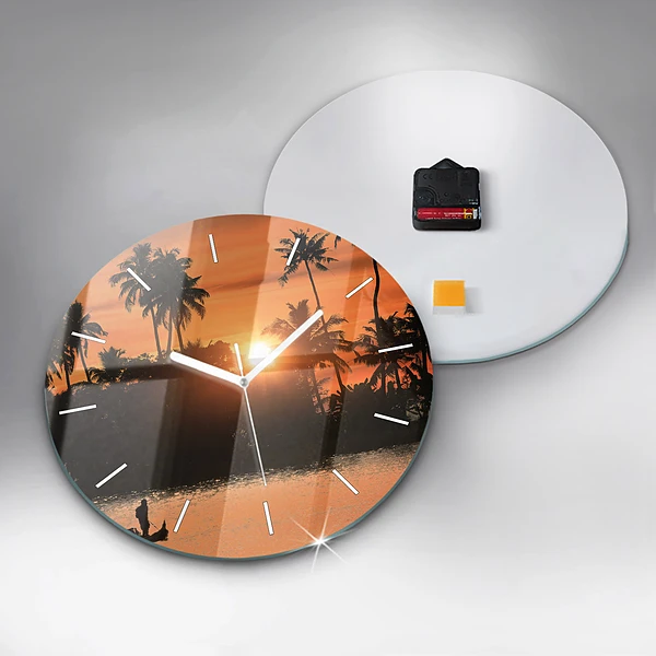 Wanduhr glas rund Sonnenuntergang Palmen Urlaub