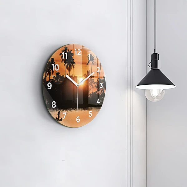 Wanduhr glas rund Sonnenuntergang Palmen Urlaub
