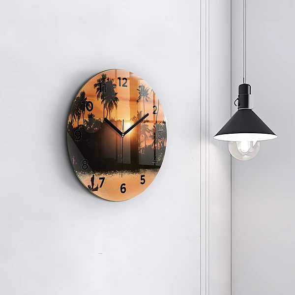 Wanduhr glas rund Sonnenuntergang Palmen Urlaub