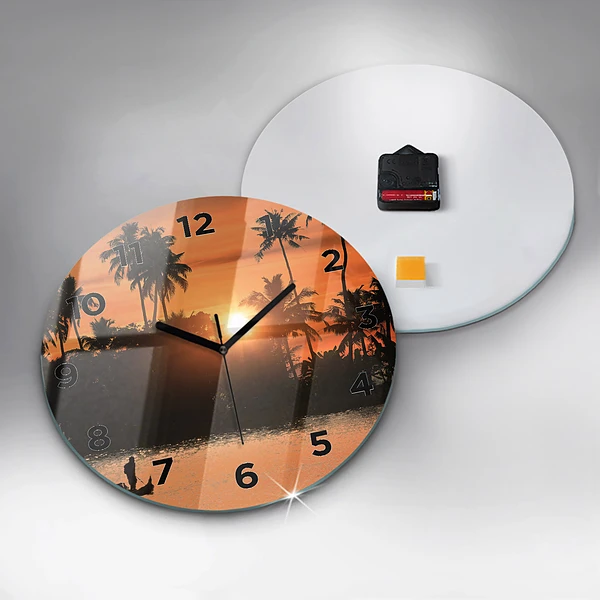 Wanduhr glas rund Sonnenuntergang Palmen Urlaub