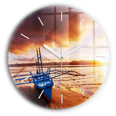 Wanduhr rund Boot und Sonnenuntergang