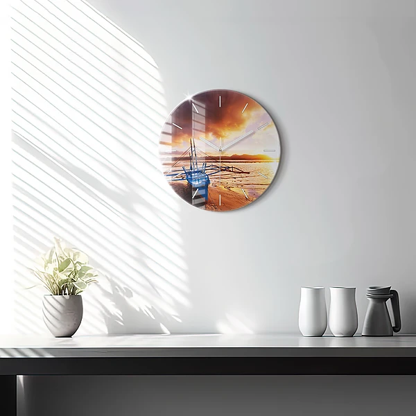 Wanduhr rund Boot und Sonnenuntergang