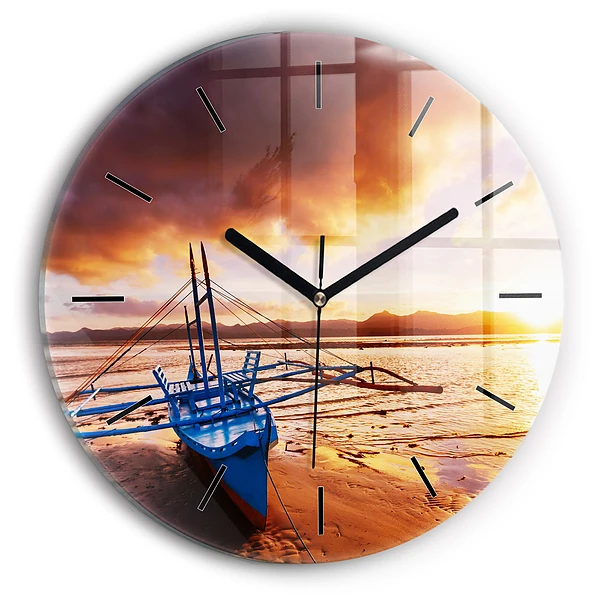 Wanduhr rund Boot und Sonnenuntergang
