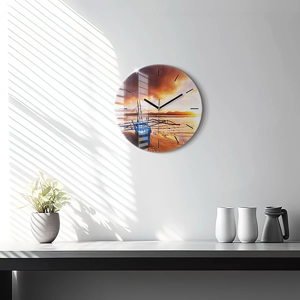 Wanduhr rund Boot und Sonnenuntergang