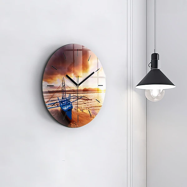 Wanduhr rund Boot und Sonnenuntergang