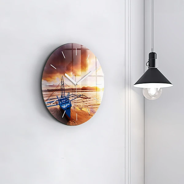 Wanduhr rund Boot und Sonnenuntergang