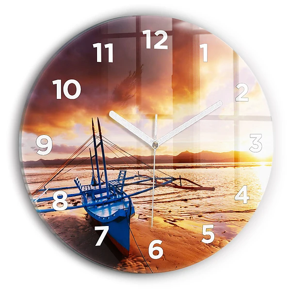 Wanduhr rund Boot und Sonnenuntergang