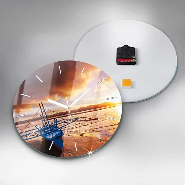 Wanduhr rund Boot und Sonnenuntergang