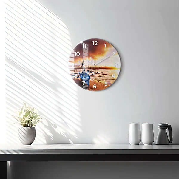 Wanduhr rund Boot und Sonnenuntergang