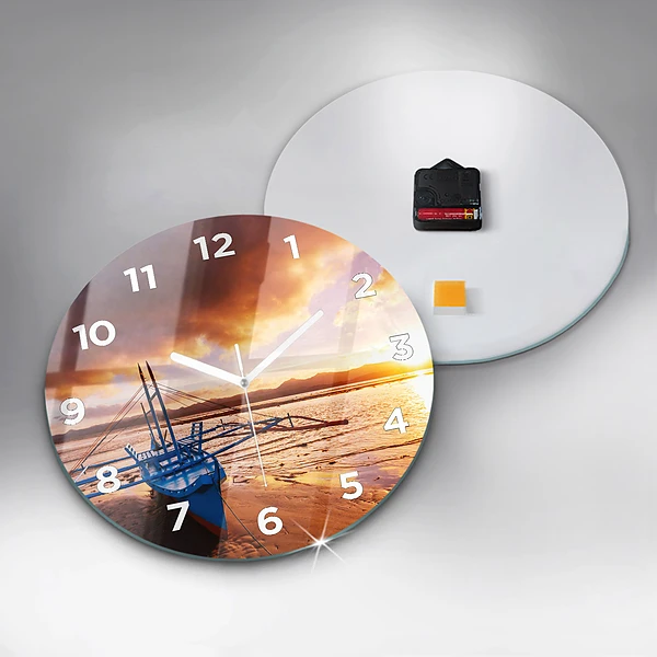 Wanduhr rund Boot und Sonnenuntergang
