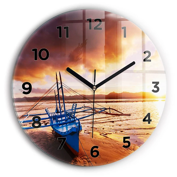 Wanduhr rund Boot und Sonnenuntergang