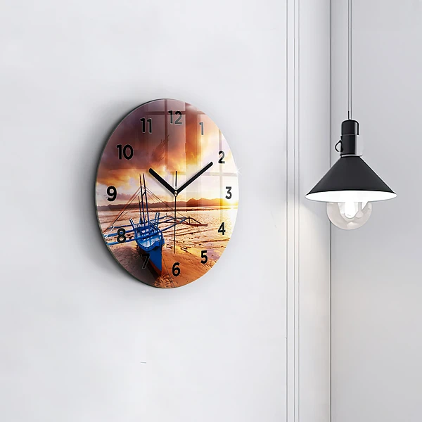 Wanduhr rund Boot und Sonnenuntergang