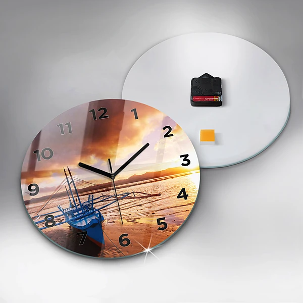 Wanduhr rund Boot und Sonnenuntergang