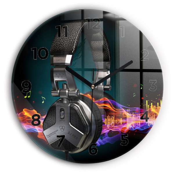 Wanduhr glas rund Kopfhörer und Schallwellen