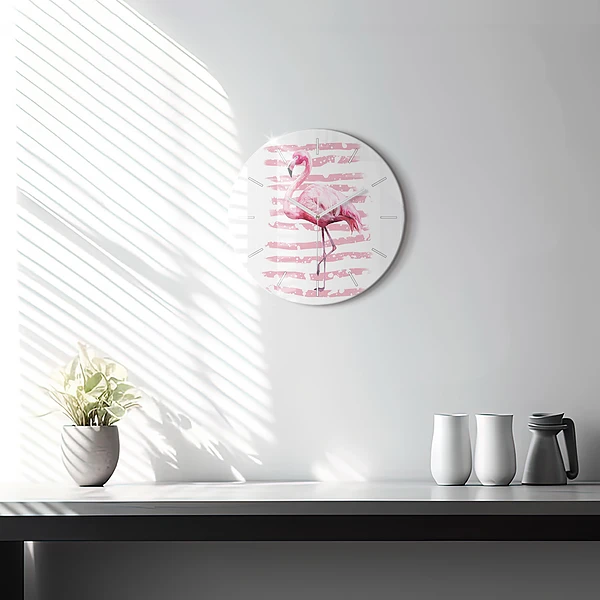 Wanduhr glas rund Flamingo-Grafik