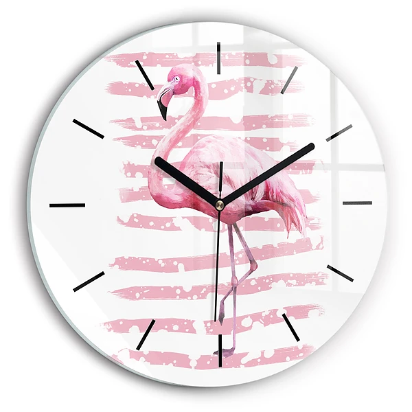Wanduhr glas rund Flamingo-Grafik