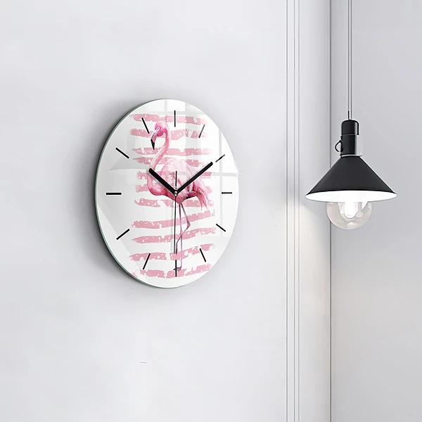 Wanduhr glas rund Flamingo-Grafik