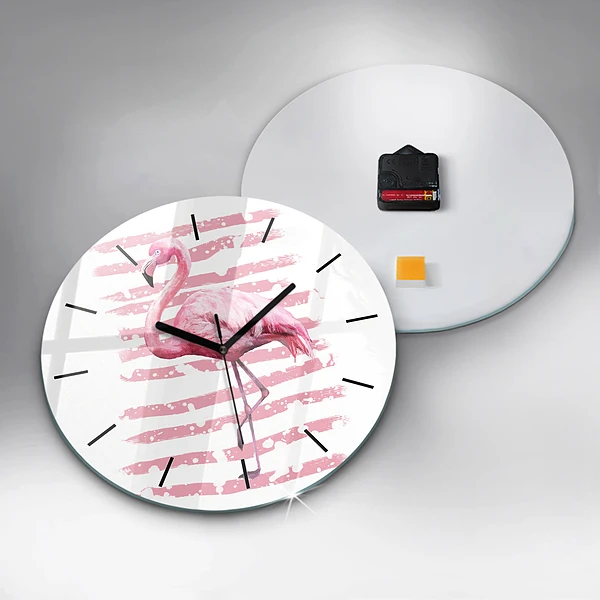 Wanduhr glas rund Flamingo-Grafik