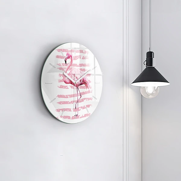 Wanduhr glas rund Flamingo-Grafik