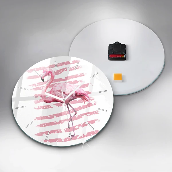 Wanduhr glas rund Flamingo-Grafik