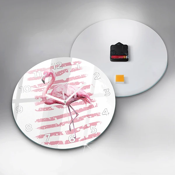 Wanduhr glas rund Flamingo-Grafik