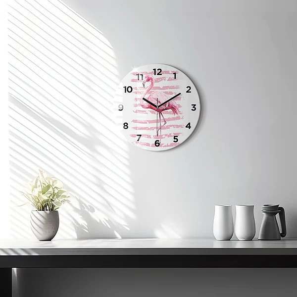 Wanduhr glas rund Flamingo-Grafik