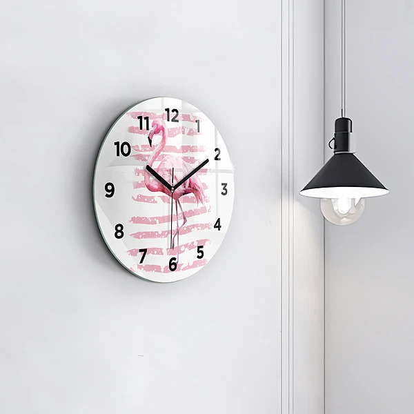 Wanduhr glas rund Flamingo-Grafik