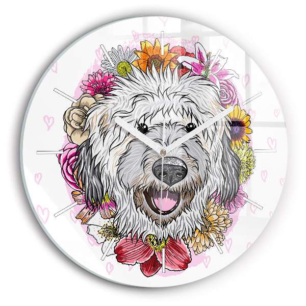 Wanduhr glas rund Glücklicher Hund in Blumen