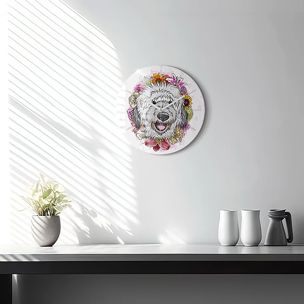 Wanduhr glas rund Glücklicher Hund in Blumen