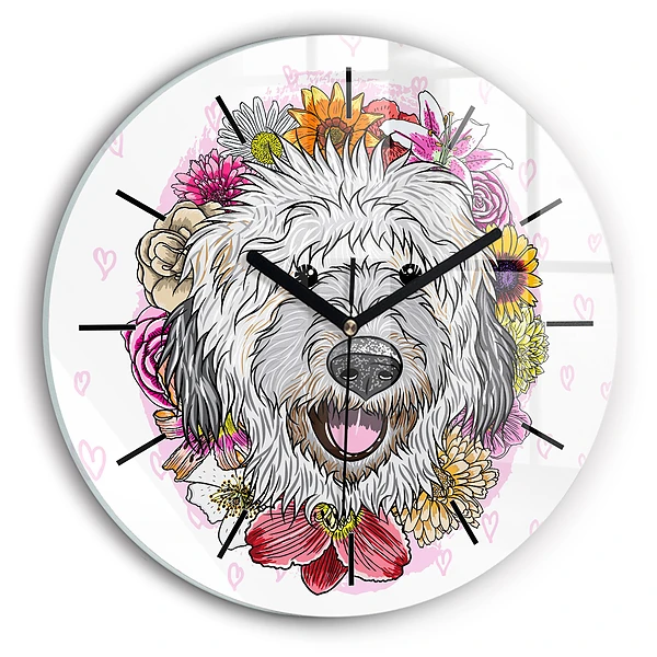 Wanduhr glas rund Glücklicher Hund in Blumen