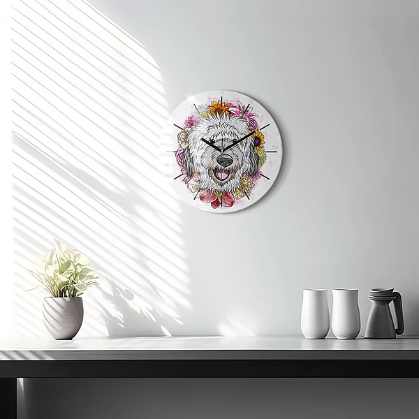 Wanduhr glas rund Glücklicher Hund in Blumen