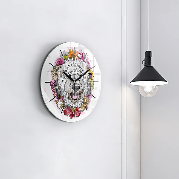 Wanduhr glas rund Glücklicher Hund in Blumen