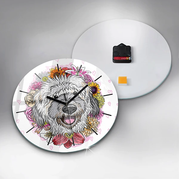 Wanduhr glas rund Glücklicher Hund in Blumen