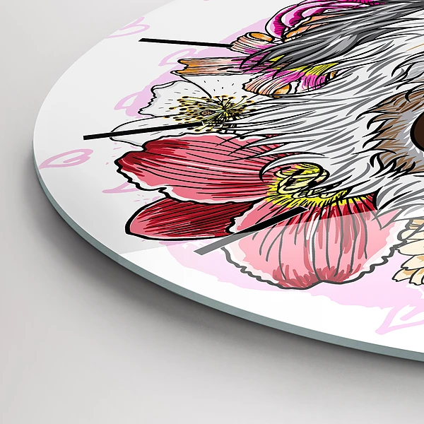 Wanduhr glas rund Glücklicher Hund in Blumen