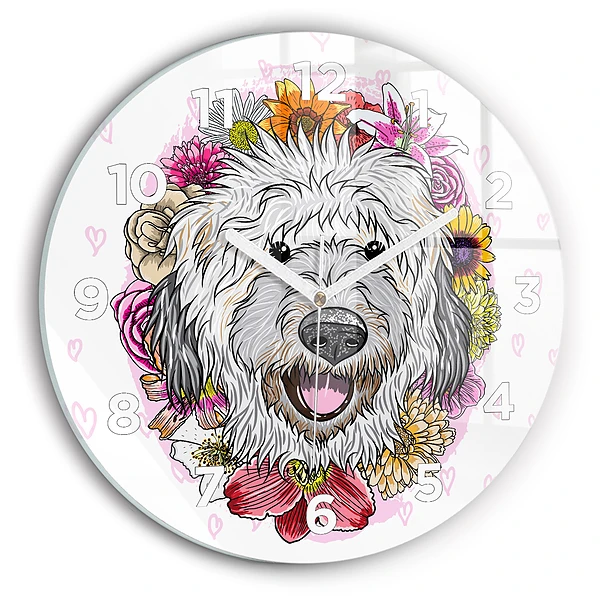 Wanduhr glas rund Glücklicher Hund in Blumen