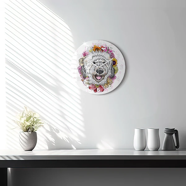 Wanduhr glas rund Glücklicher Hund in Blumen