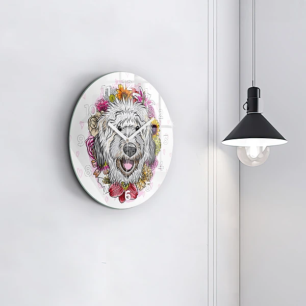 Wanduhr glas rund Glücklicher Hund in Blumen
