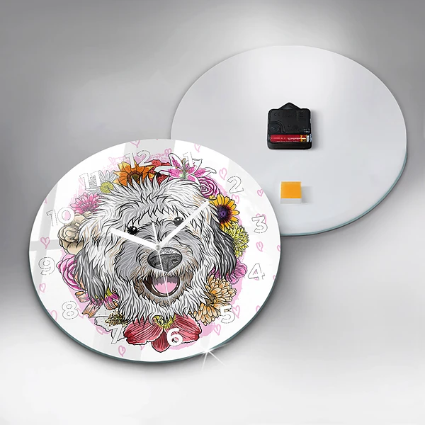 Wanduhr glas rund Glücklicher Hund in Blumen
