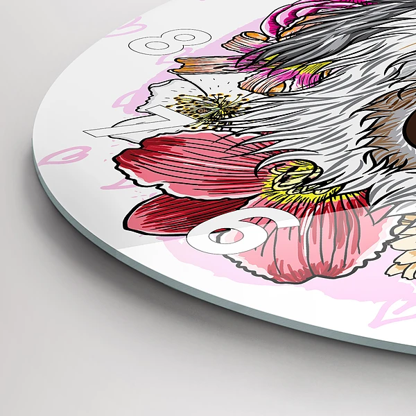 Wanduhr glas rund Glücklicher Hund in Blumen