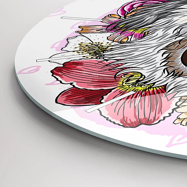 Wanduhr glas rund Glücklicher Hund in Blumen