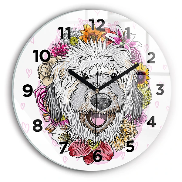 Wanduhr glas rund Glücklicher Hund in Blumen