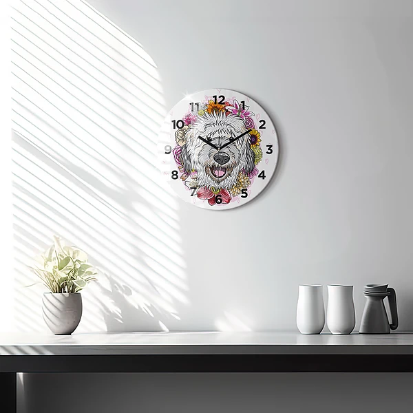Wanduhr glas rund Glücklicher Hund in Blumen