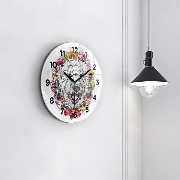 Wanduhr glas rund Glücklicher Hund in Blumen