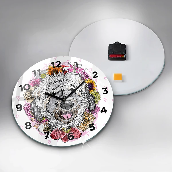 Wanduhr glas rund Glücklicher Hund in Blumen