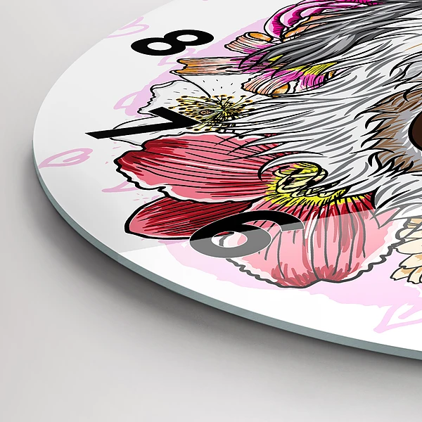 Wanduhr glas rund Glücklicher Hund in Blumen
