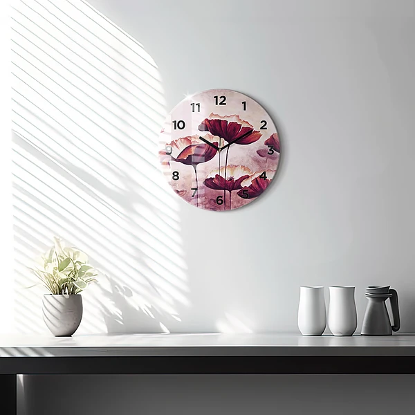 Wanduhr rund Blumen Blühender Mohn