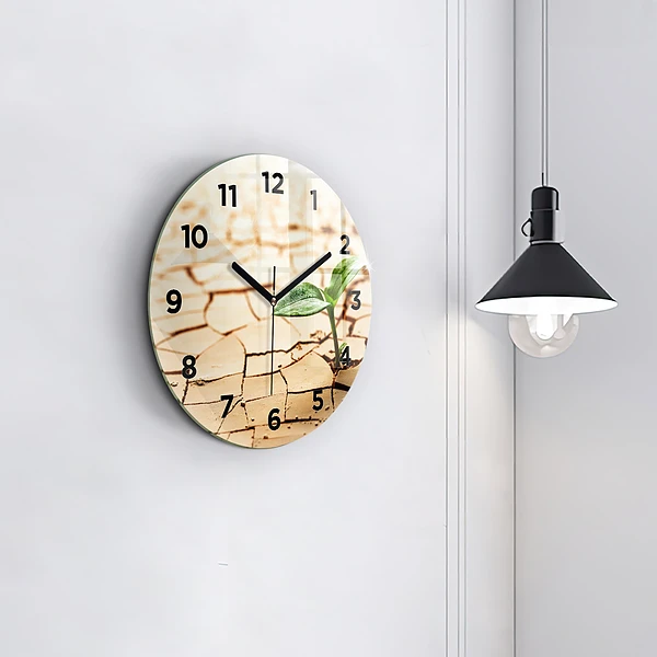 Wanduhr rund Pflanze in getrockneter Erde