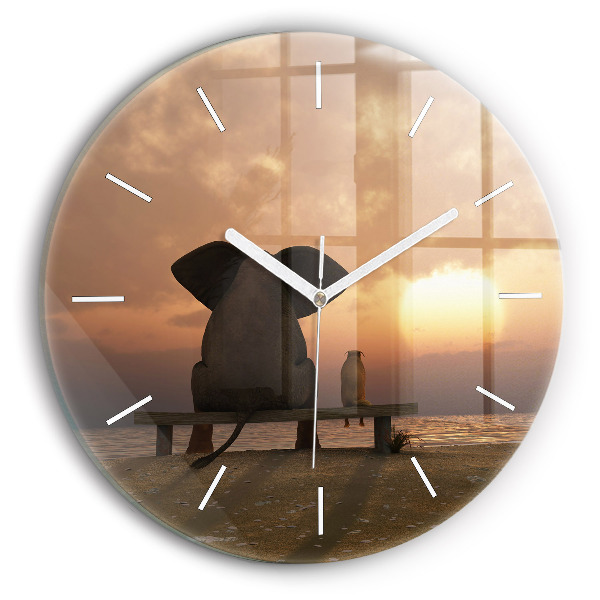 Wanduhr glas rund Tiere im Sonnenuntergang