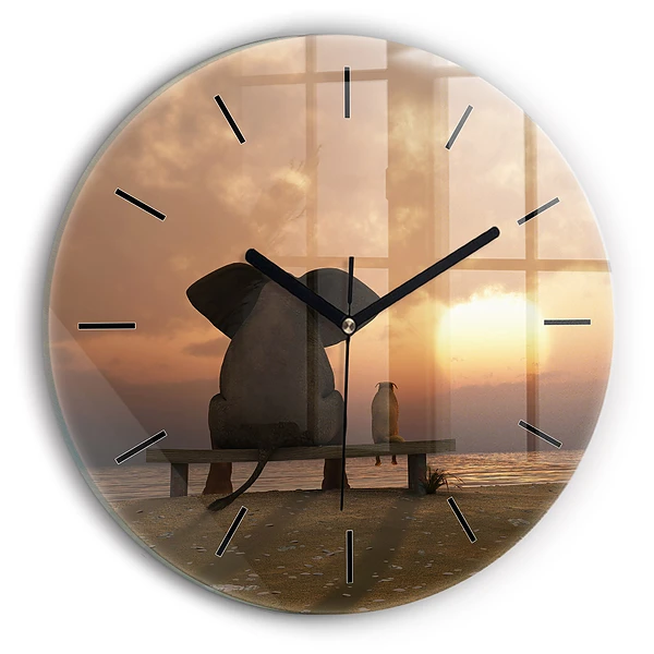 Wanduhr glas rund Tiere im Sonnenuntergang